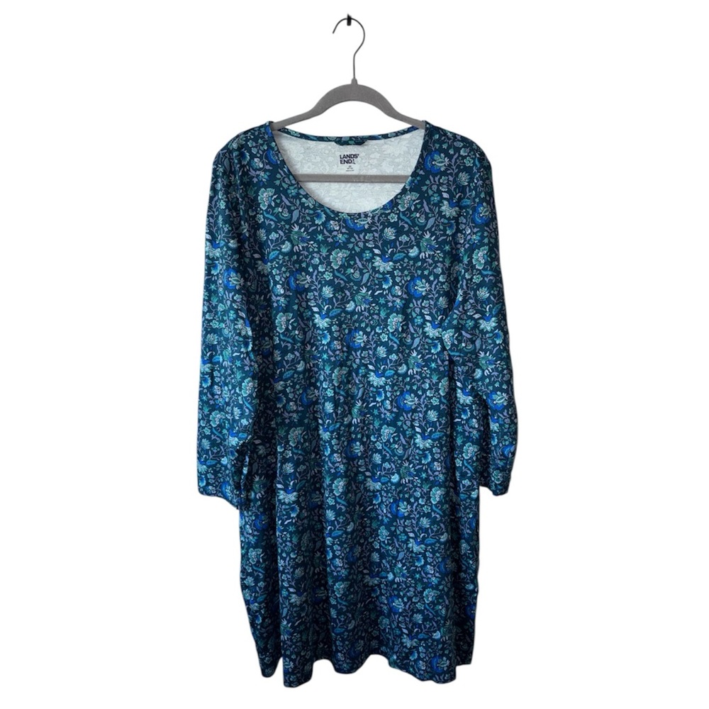 Lands’ End Blue Floral Cotton Midi Tunic Dress 2X Long Sleeve Boho Casual